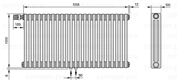 Схема (чертеж) Радиатор Zehnder Charleston 3100/23 №V007 Белый глянцевый RAL 9016